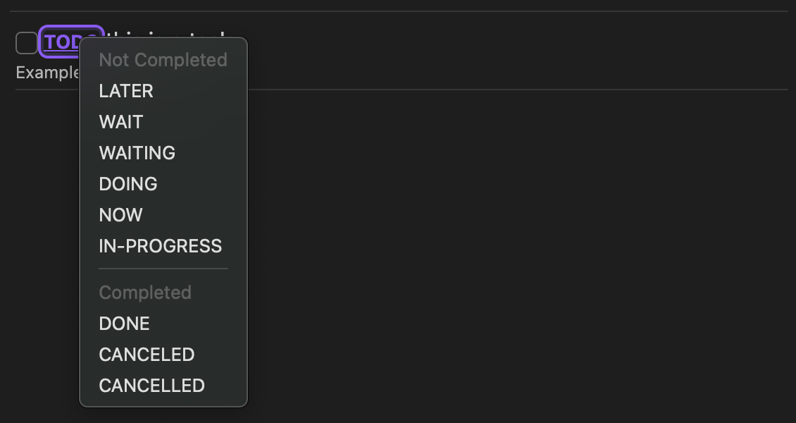 selection list of task keywords