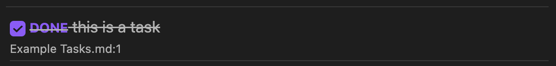a completed task with checkmark and DONE keyword label
