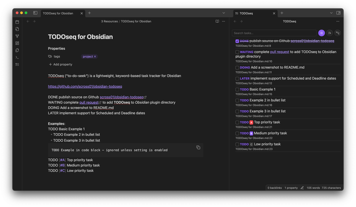 Obsidian desktop with the TODOseq plugin showing the list of tasks from across the Obsidian vault