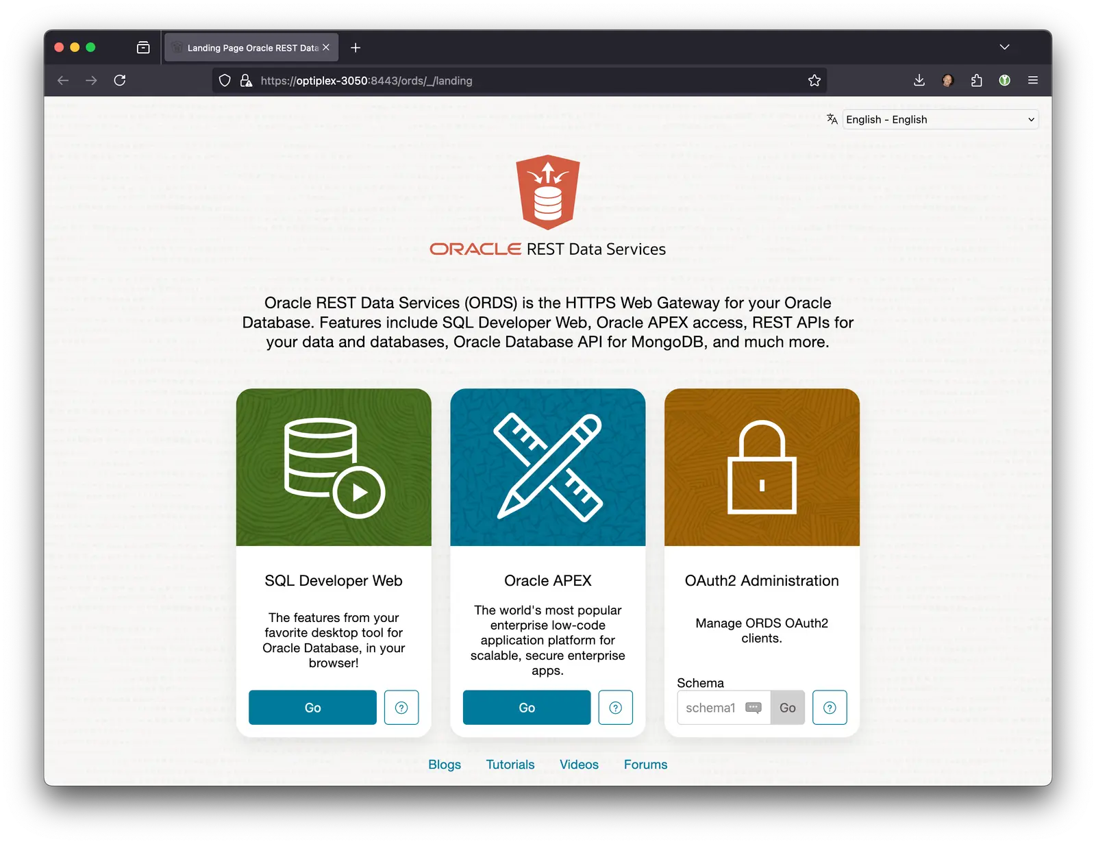 Oracle REST Data Services for Landing Page running from the Autonomous Database Free Container Image 23ai