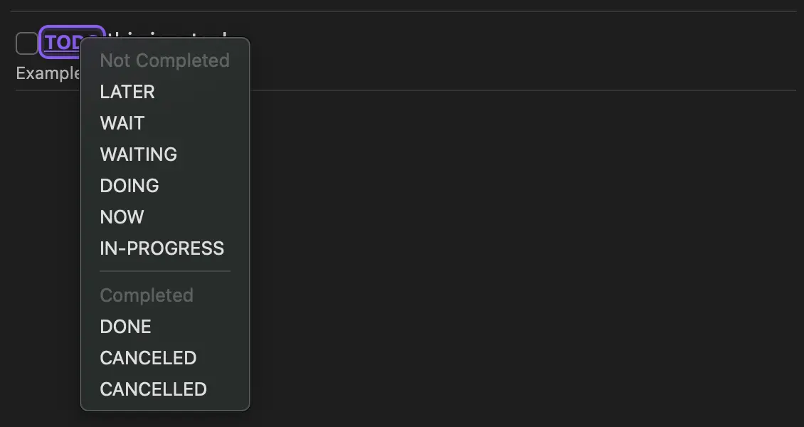 selection list of task keywords